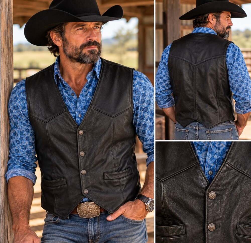 Scully Men’s Black Genuine Leather Western Vest 2XL Snap Front Biker Ranch Wear